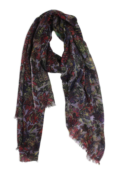 Jodi Rose Womens Cashmere Floral Print Scarf Purple Size 72X14"