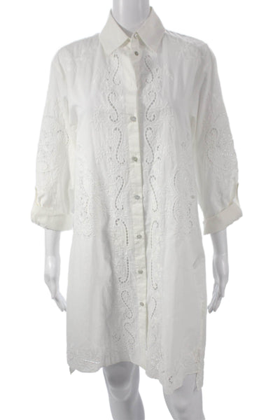 Zara Unisex Adults Shirt Dress White Cotton Floral Embroidered Button Size S