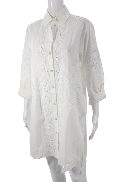 Zara Unisex Adults Shirt Dress White Cotton Floral Embroidered Button Size S