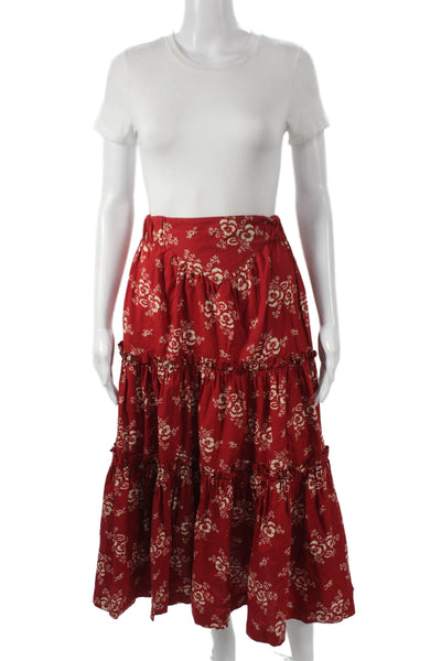 Sea New York Women Peasant Skirt Red Floral Cotton Pull On Midi Size S