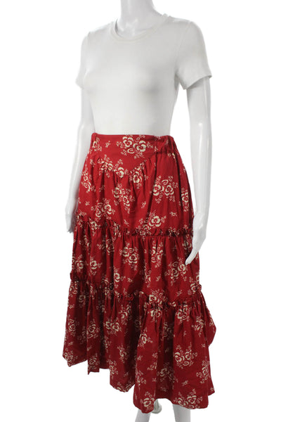 Sea New York Women Peasant Skirt Red Floral Cotton Pull On Midi Size S
