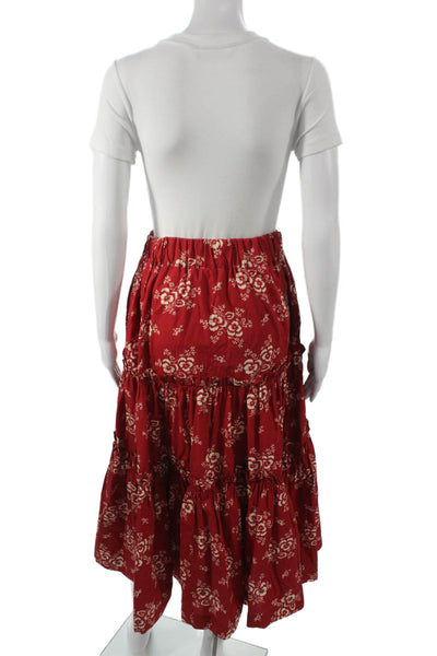 Sea New York Women Peasant Skirt Red Floral Cotton Pull On Midi Size S