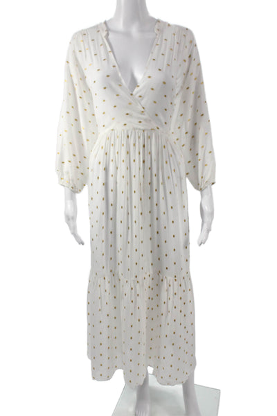 Anthropologie Women White Spotted V-Neck Long Sleeve Maxi Dress Size S