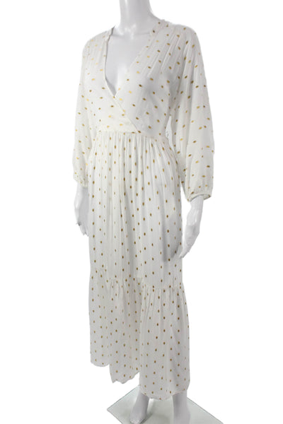 Anthropologie Women White Spotted V-Neck Long Sleeve Maxi Dress Size S