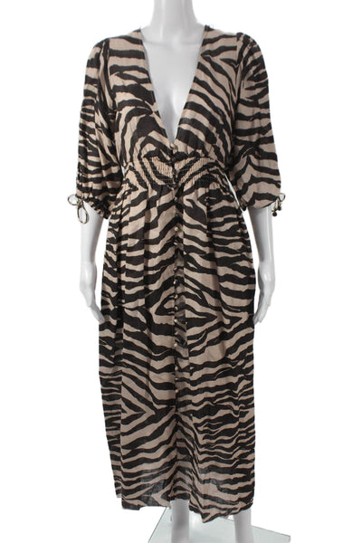 Zimmermann Womens Maxi Dress Black Linen V-Neck 3/4 Sleeve Animal Print Size 1