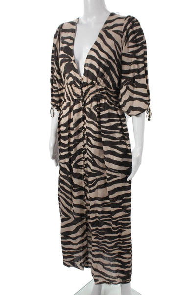 Zimmermann Womens Maxi Dress Black Linen V-Neck 3/4 Sleeve Animal Print Size 1