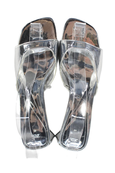 Zara Womens Block Heel Patent Leather Slide Sandals Silver Tone Size 40