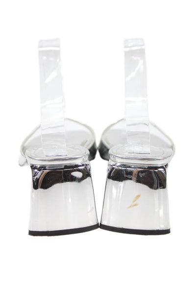 Zara Womens Block Heel Patent Leather Slide Sandals Silver Tone Size 40