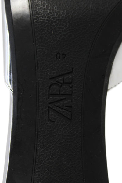 Zara Womens Block Heel Patent Leather Slide Sandals Silver Tone Size 40