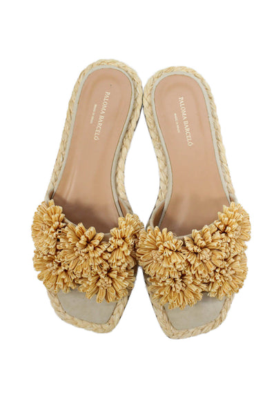 Paloma Barcelo Womens Suede Raffia Bloom Slide Sandals Beige Size 40