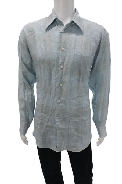 Salvatore Ferragamo Mens Button Front Collared Linen Shirt Blue Size Large