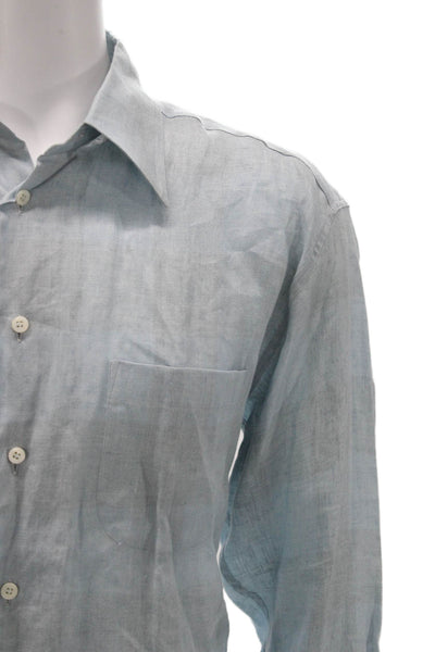Salvatore Ferragamo Mens Button Front Collared Linen Shirt Blue Size Large