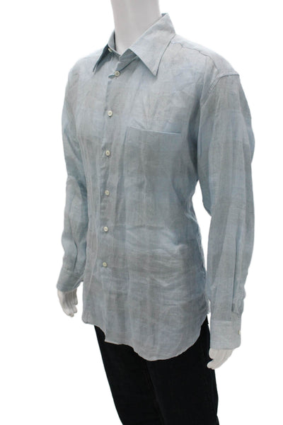 Salvatore Ferragamo Mens Button Front Collared Linen Shirt Blue Size Large