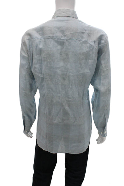 Salvatore Ferragamo Mens Button Front Collared Linen Shirt Blue Size Large
