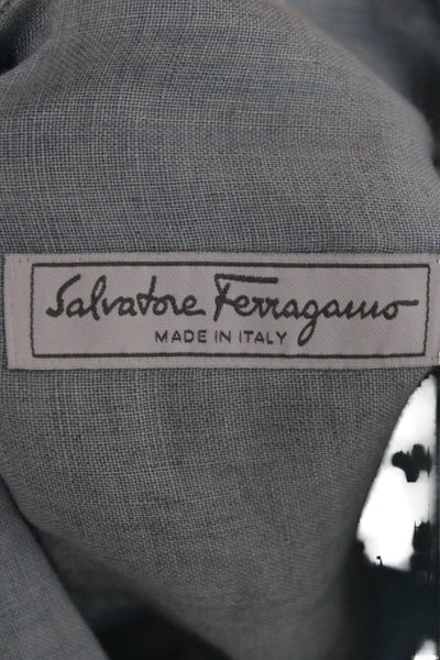 Salvatore Ferragamo Mens Button Front Collared Linen Shirt Blue Size Large
