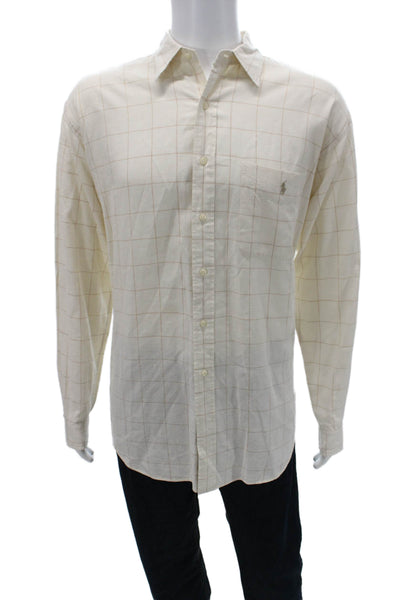 Polo Ralph Lauren Mens Button Front Collared Windowpane Shirt White Size Large