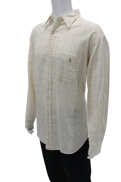 Polo Ralph Lauren Mens Button Front Collared Windowpane Shirt White Size Large