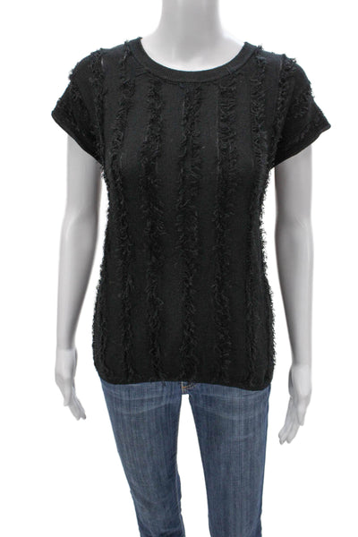 525 America Womens Black Cotton Fringe T-Shirt Short Sleeve Size L