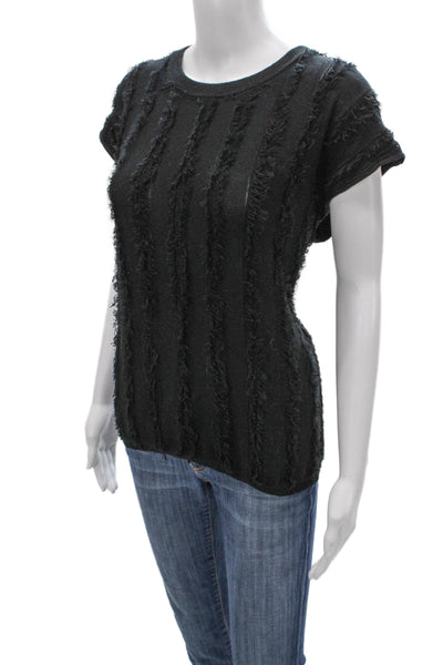 525 America Womens Black Cotton Fringe T-Shirt Short Sleeve Size L