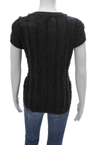 525 America Womens Black Cotton Fringe T-Shirt Short Sleeve Size L