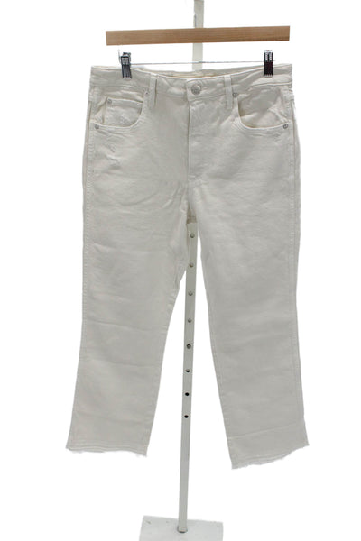 Amo Women Cropped High Rise Distressed White Cotton Blend Jeans Button Size 31