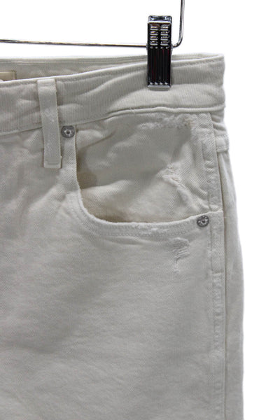 Amo Women Cropped High Rise Distressed White Cotton Blend Jeans Button Size 31