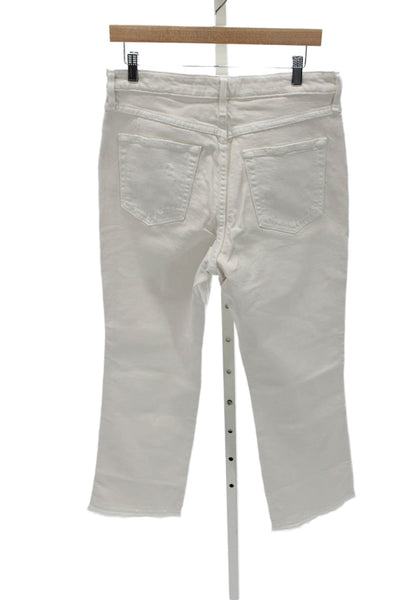 Amo Women Cropped High Rise Distressed White Cotton Blend Jeans Button Size 31