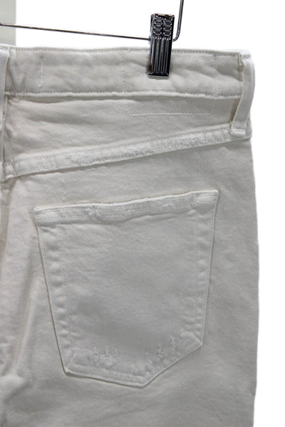 Amo Women Cropped High Rise Distressed White Cotton Blend Jeans Button Size 31