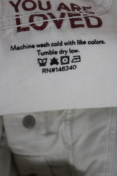 Amo Women Cropped High Rise Distressed White Cotton Blend Jeans Button Size 31