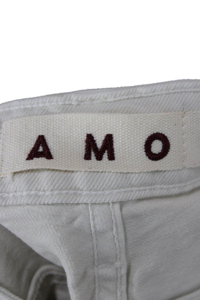 Amo Women Cropped High Rise Distressed White Cotton Blend Jeans Button Size 31