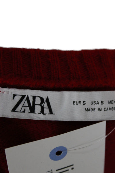 Zara Women Cardigan Red 100% Wool Long Sleeve Round Neck Size S