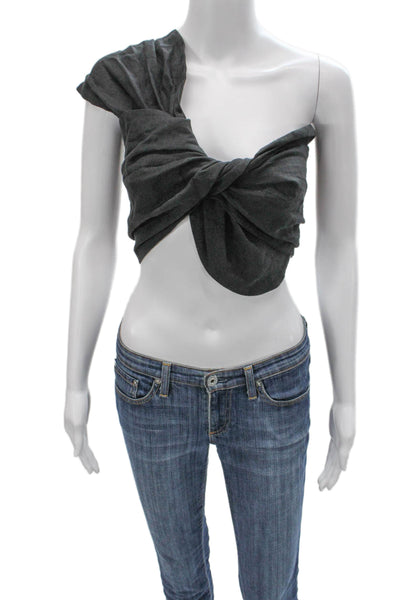 Just Bee Queen Womens Cropped One Shoulder Linen Top Gray Sleeveless Size S