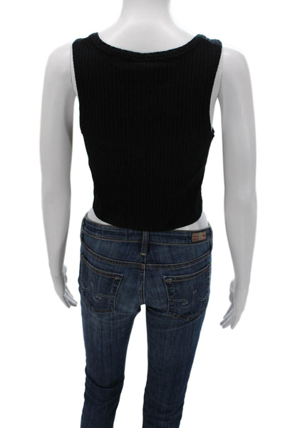 3x1 NYC Women Cropped Striped Modal Tank Scoop Neck Black Size XS