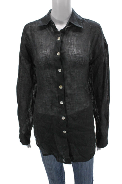 Vitamin A Women Black Linen Collared Tunic Button Up Long Sleeve Size S