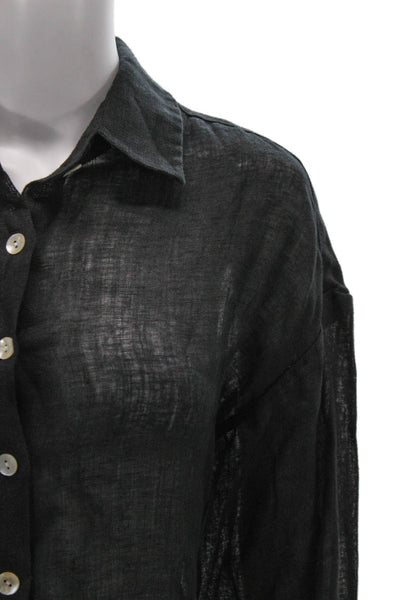 Vitamin A Women Black Linen Collared Tunic Button Up Long Sleeve Size S