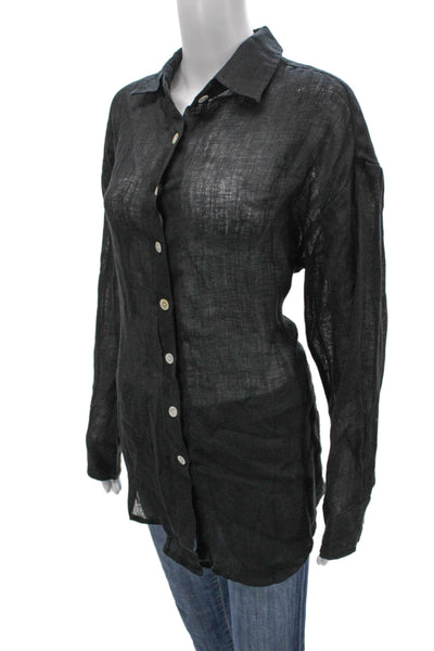 Vitamin A Women Black Linen Collared Tunic Button Up Long Sleeve Size S