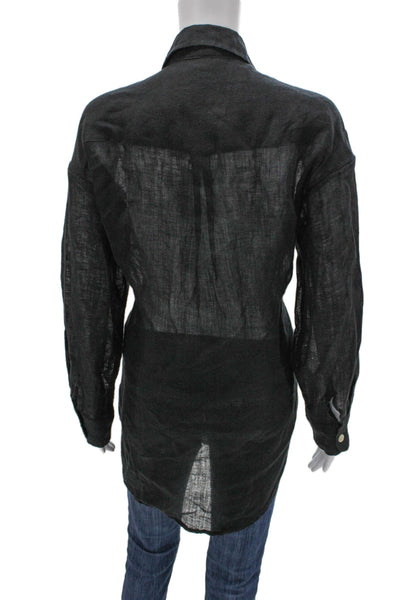Vitamin A Women Black Linen Collared Tunic Button Up Long Sleeve Size S