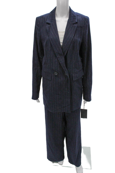 Halogen Womens Striped Double Breasted Blazer Pants Suit Set Navy Size L 16