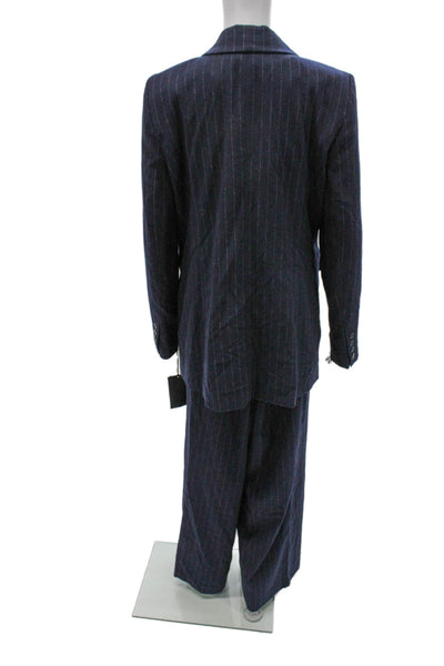 Halogen Womens Striped Double Breasted Blazer Pants Suit Set Navy Size L 16