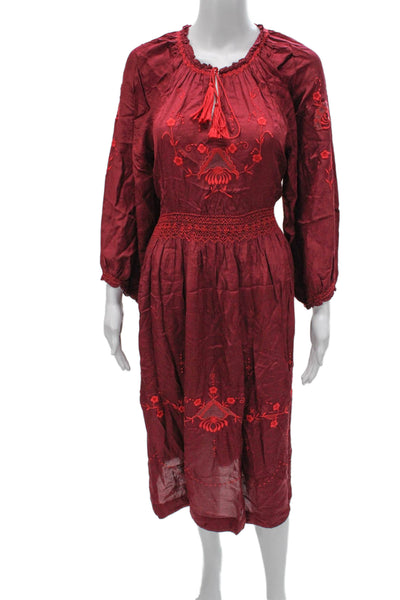 The Great Women Kaftan Floral Red Viscose Long Sleeve Mid-Calf Dress Tie Size M