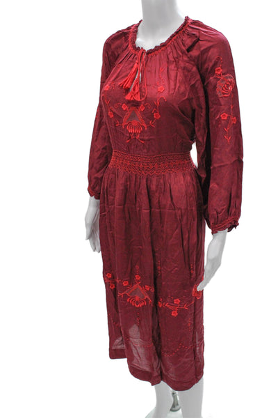 The Great Women Kaftan Floral Red Viscose Long Sleeve Mid-Calf Dress Tie Size M