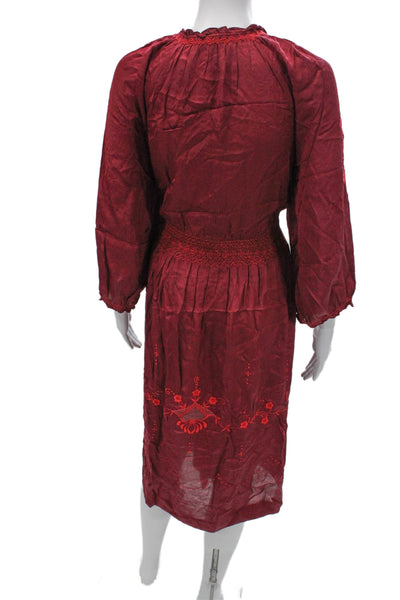 The Great Women Kaftan Floral Red Viscose Long Sleeve Mid-Calf Dress Tie Size M