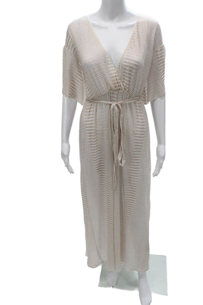 Antik Batik Womens Maxi Dress Beige V-Neck Striped Short Sleeve Size XS