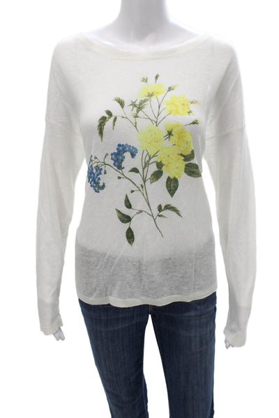 Joie Womens White Linen Floral Boat Neck Long Sleeve Basic T-Shirt Size M