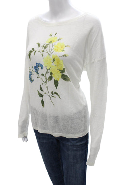 Joie Womens White Linen Floral Boat Neck Long Sleeve Basic T-Shirt Size M