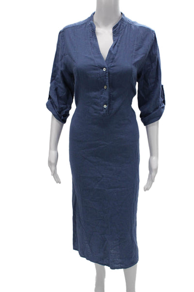 Francesca Bettini Women Chemise Dress Blue Linen Blend 3/4 Sleeve Knee Size M