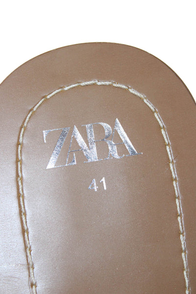 Zara Womens Metallic T Strap Ankle Strap Sandals Silver Tone Leather Size 41