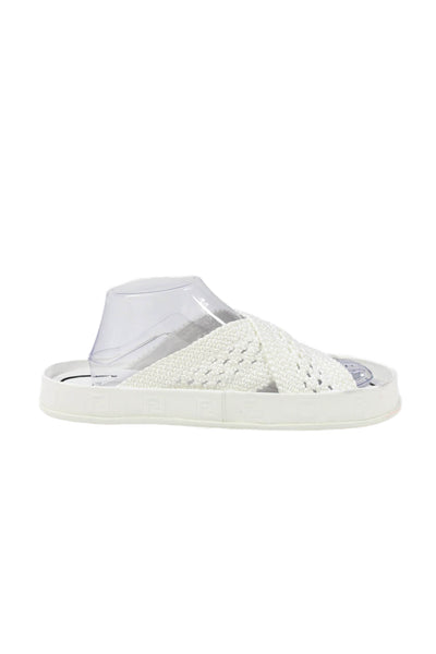 Fendi Womens Zucca Trim Woven Cross Strap Slide Sandals White Size 40