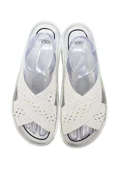 Fendi Womens Zucca Trim Woven Cross Strap Slide Sandals White Size 40