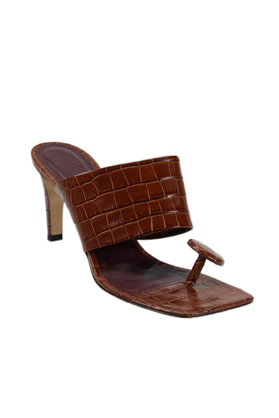 Staud Womens High Heel Croc Embossed Leather Slide Sandals Brown Size 40